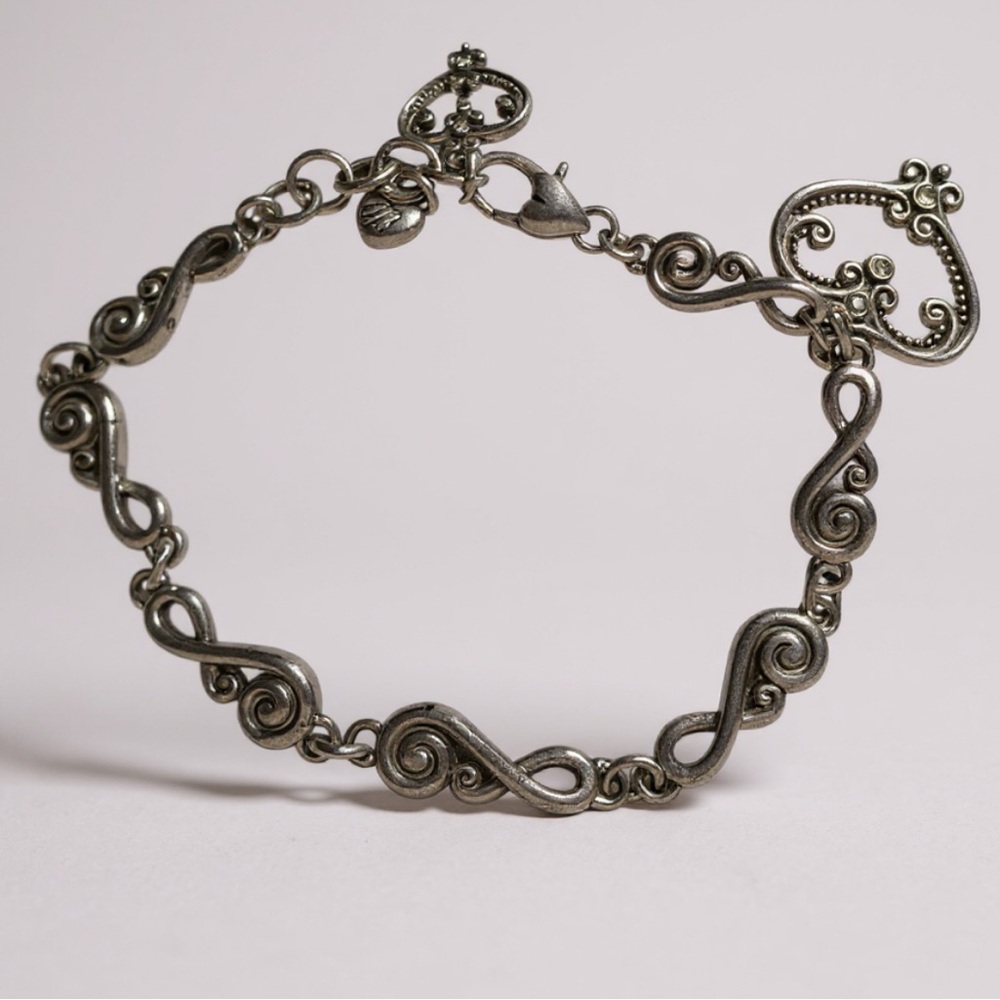 Brighton Silver Scroll Link Bracelet w/ Heart Charm & Rhinestone Clasp